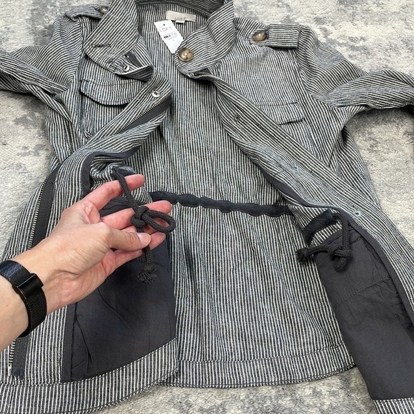 NWT Loft Striped Twill Utility Jacket Linen Cotton Gray White Full Zip Sz S - Picture 12 of 14